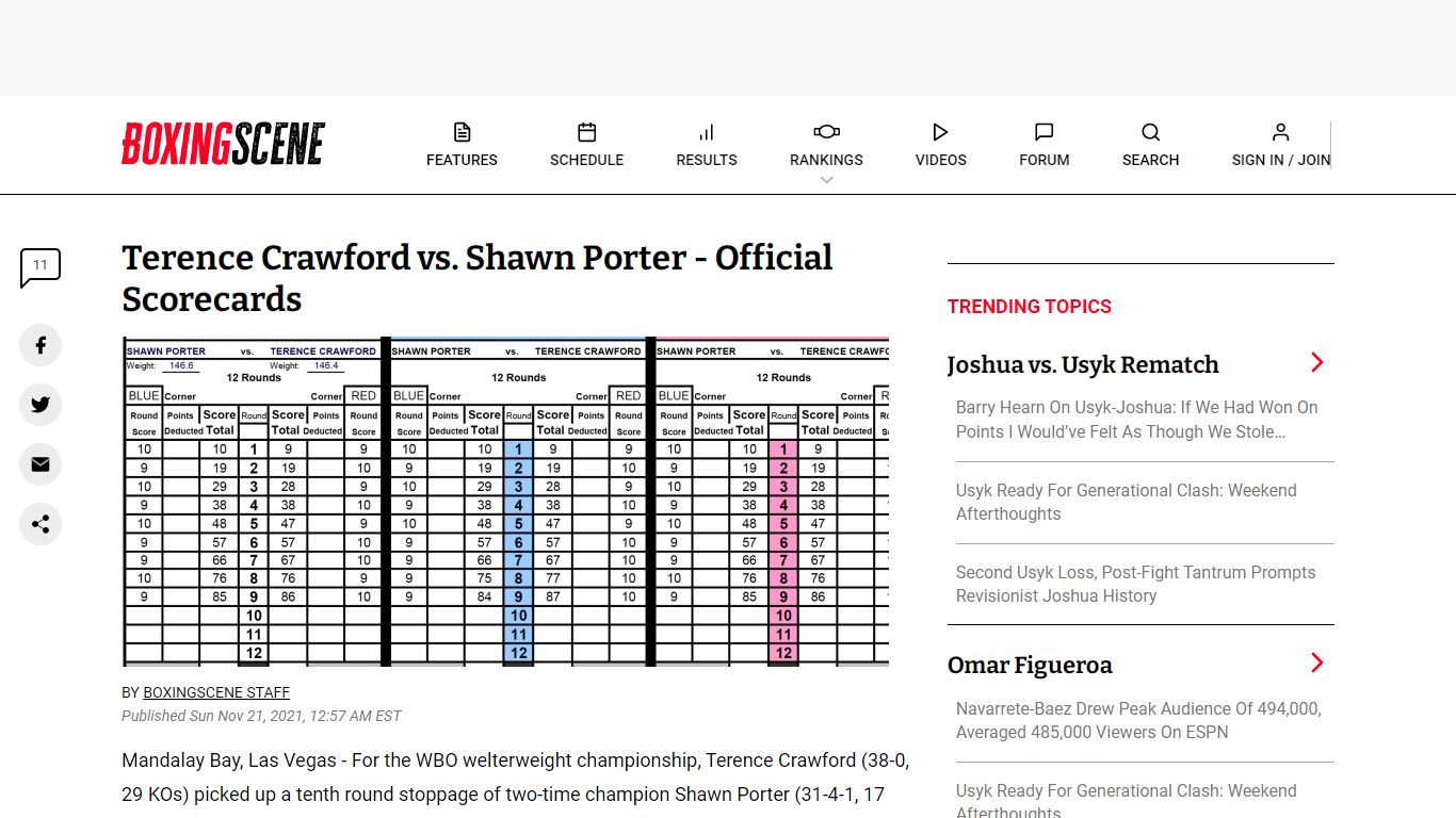 Terence Crawford vs. Shawn Porter - Official Scorecards